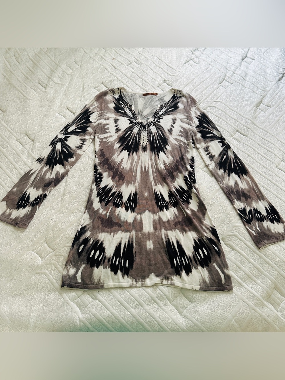 Belldini Long Sleeve Tie-Dye Tunic Top - Black & Brown & White